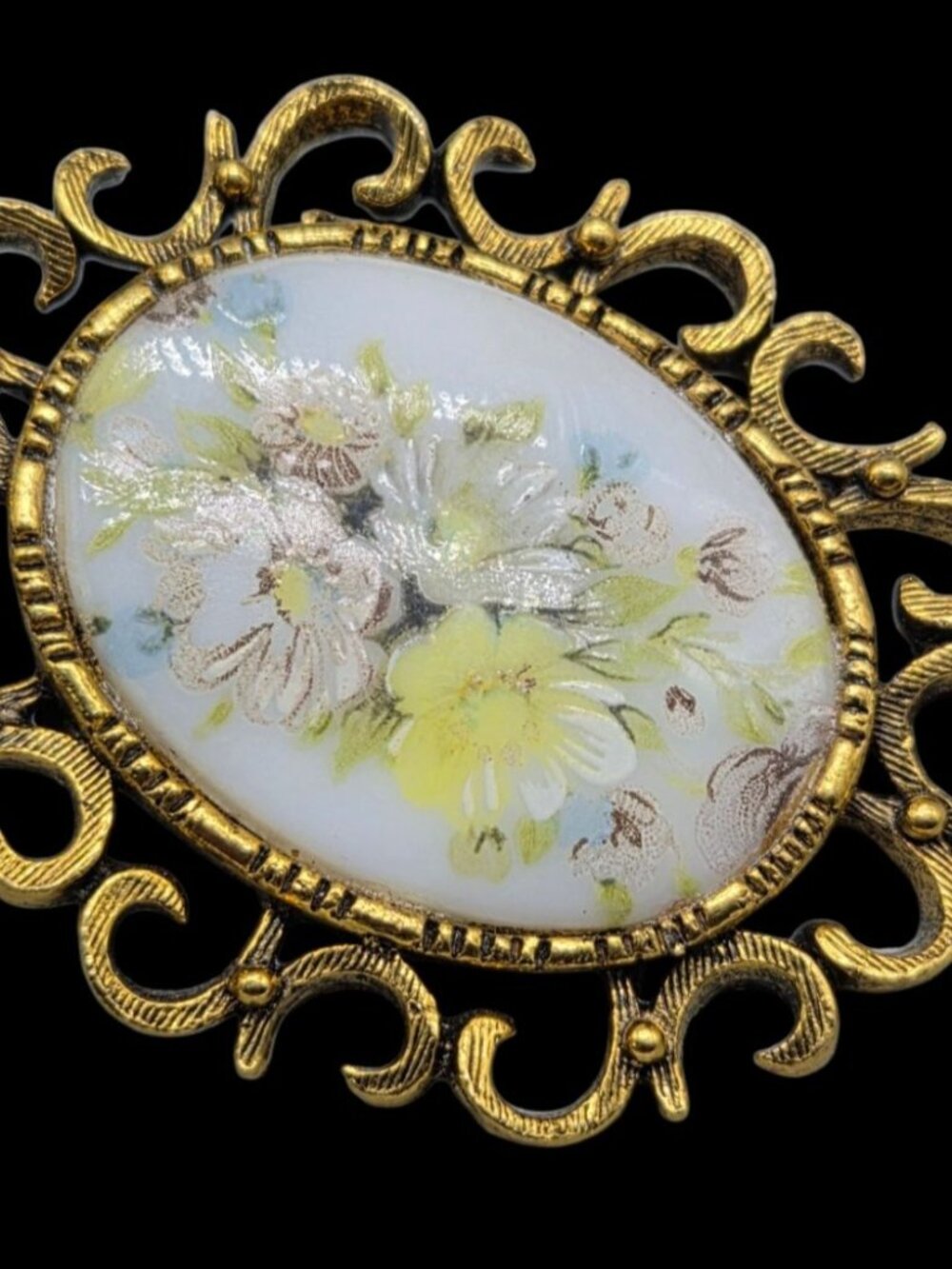 VTG Floral Porcelain Cameo Brooch Pendant Brooch Gold Tone Openwork Filigree - Picture 5 of 8